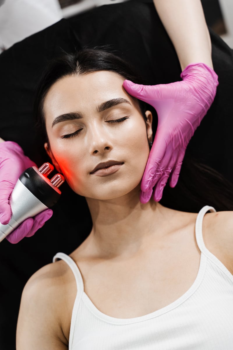 Radio frequency lifting with red light for young woman close-up. Dermatologist is doing radio frequency RF skin tightening. RF facelift firms and lifts sagging skin.